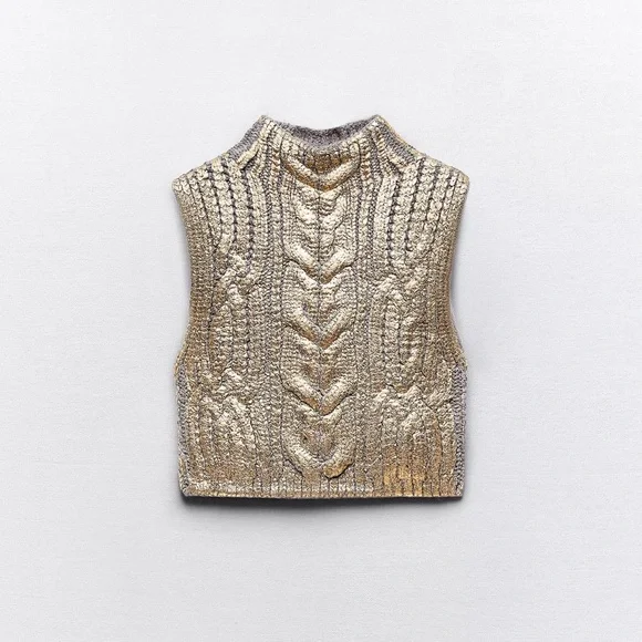 Zara NWT Cable Knit Sweater Vest Special Foil Print Finish Golden Metallic Sz M - Picture 2 of 9
